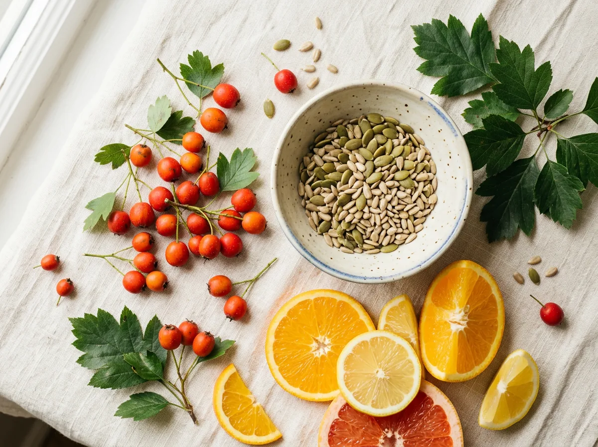 Natural ingredients for vascular support - hawthorn, magnesium-rich seeds and citrus for vitamin C
